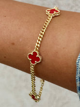 Load image into Gallery viewer, Mini Red Clover Station Curb Style Bracelet - Gold Plated Sterling Silver