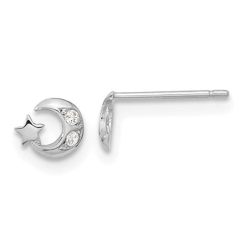 CZ Moon and Star Post Earrings - 14K White Gold