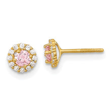 Load image into Gallery viewer, Pink and Clear CZ Screwback Post Earrings - 14K Gold