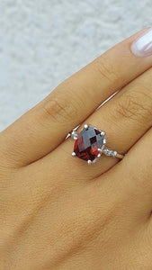 Garnet and Diamond Ring with Vintage Crown - 14K White Gold