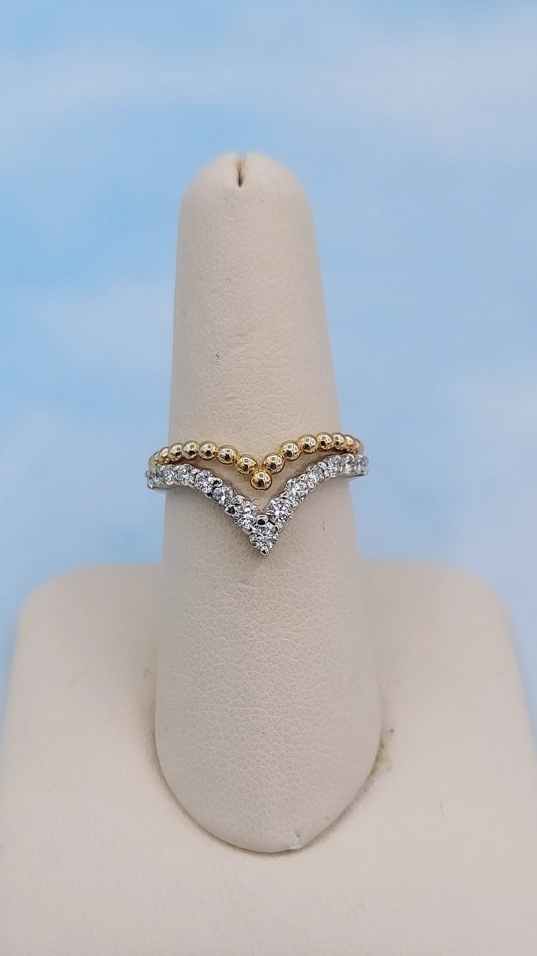 V Shaped Diamond & Beaded Ring - 14K White & Yellow Gold