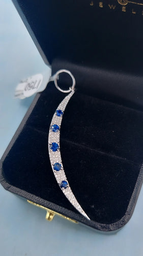 Diamond & Sapphire Crescent Moon Pendant with Large Loop - 14K White Gold