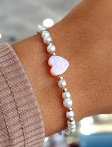 Light Pink Pearls and Heart Opal Beaded Bracelet - Our Whole Heart