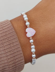 Light Pink Pearls and Heart Opal Beaded Bracelet - Our Whole Heart