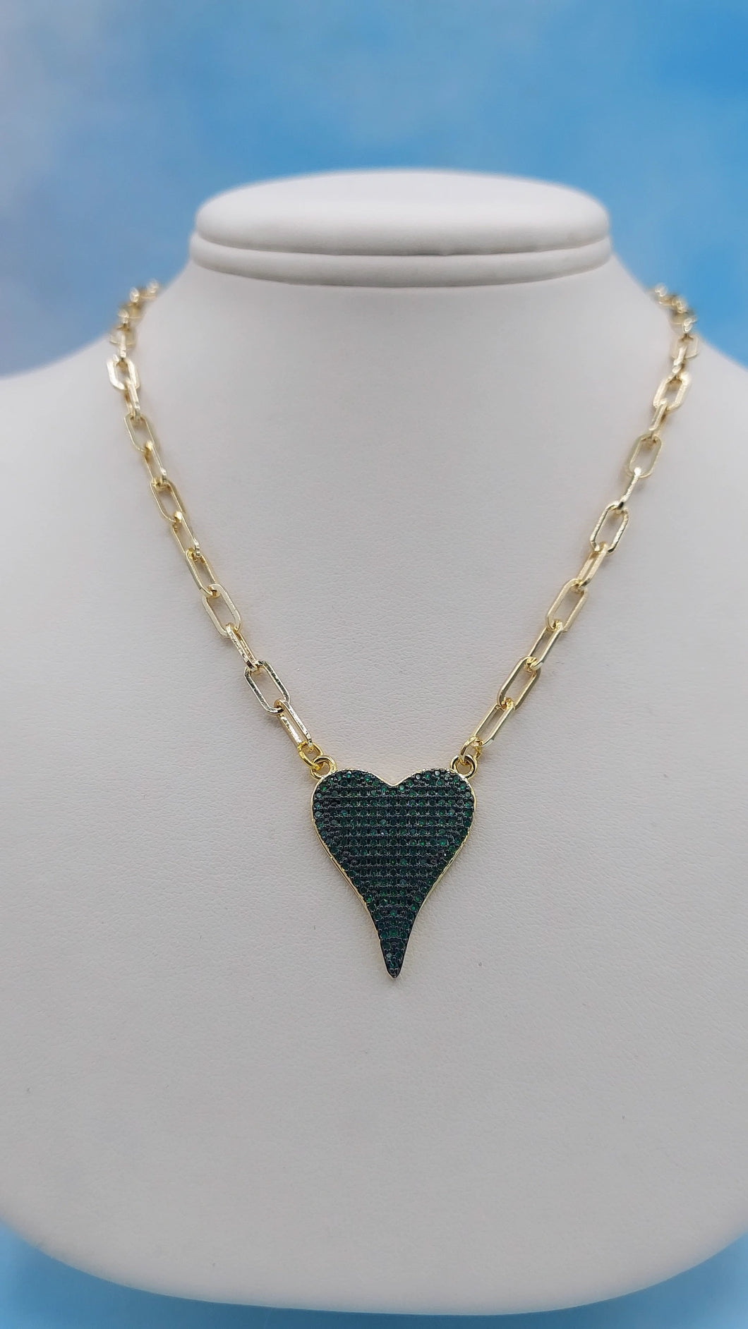 Aimee Emerald Pave Heart & Gold Paperclip Necklace