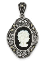 Load image into Gallery viewer, Antiqued Marcasite Black Agate Cameo Pendant - Sterling Silver