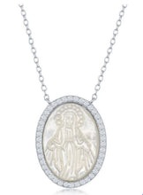 Load image into Gallery viewer, Mother of Pearl Mary w/CZ Border Necklace-Sterling Silver