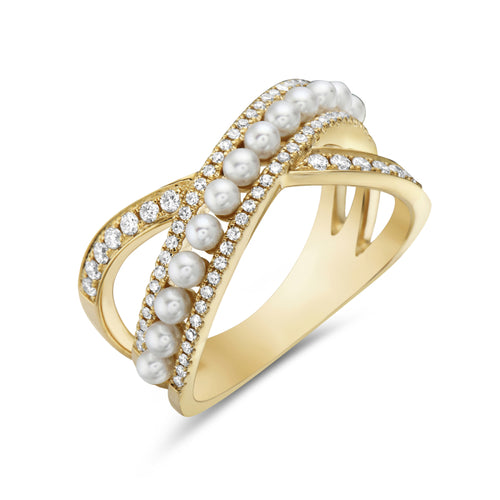 Criss Cross Pearl & Diamond Ring - 14K Yellow Gold