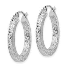 Load image into Gallery viewer, Rhodium Plated Square Diamond Cut Hoops - Sterling Silver 3x25mm