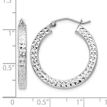 Load image into Gallery viewer, Rhodium Plated Square Diamond Cut Hoops - Sterling Silver 3x25mm