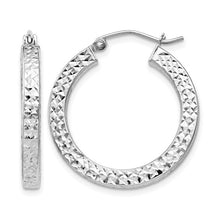 Load image into Gallery viewer, Rhodium Plated Square Diamond Cut Hoops - Sterling Silver 3x25mm