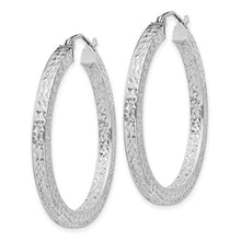 Load image into Gallery viewer, Rhodium Plated Square Diamond Cut Hoops - Sterling Silver 3x35mm