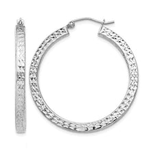 Load image into Gallery viewer, Rhodium Plated Square Diamond Cut Hoops - Sterling Silver 3x35mm