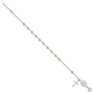 Beaded Polished Rosary 7.5 inch Bracelet - Sterling Silver