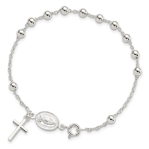 Beaded Polished Rosary 7.5 inch Bracelet - Sterling Silver