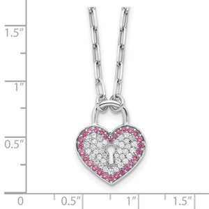 Crystal Heart Lock Paperclip Necklace - Sterling Silver