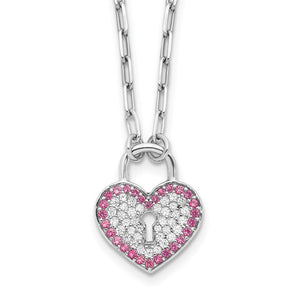 Crystal Heart Lock Paperclip Necklace - Sterling Silver