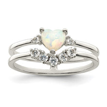 Load image into Gallery viewer, CZ and Heart Created White Opal Double Band Ring - Sterling Silver