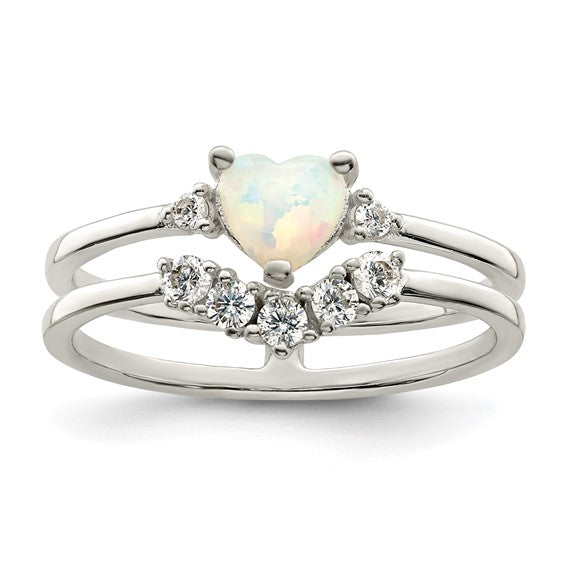 CZ and Heart Created White Opal Double Band Ring - Sterling Silver