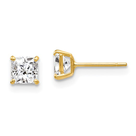 Princess Cut CZ Stud Post Earrings - 14K Yellow Gold