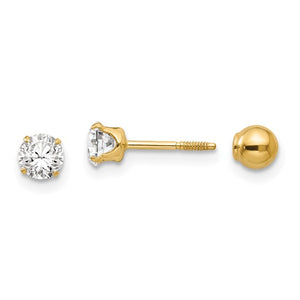 Polished Reversible CZ and 4mm Ball Earrings - 14K Yellow Gold
