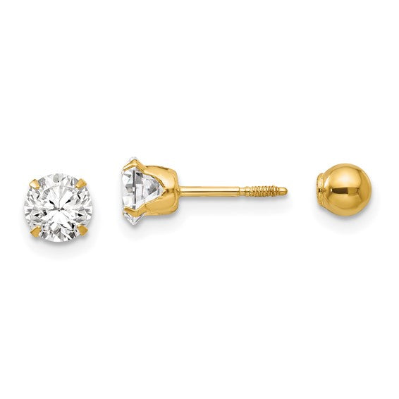 Polished Reversible 5mm CZ and Ball Earrings - 14K Yellow Gold