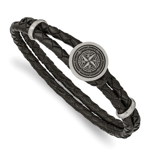 Compass Black Woven Leather 8.5 inch Bracelet
