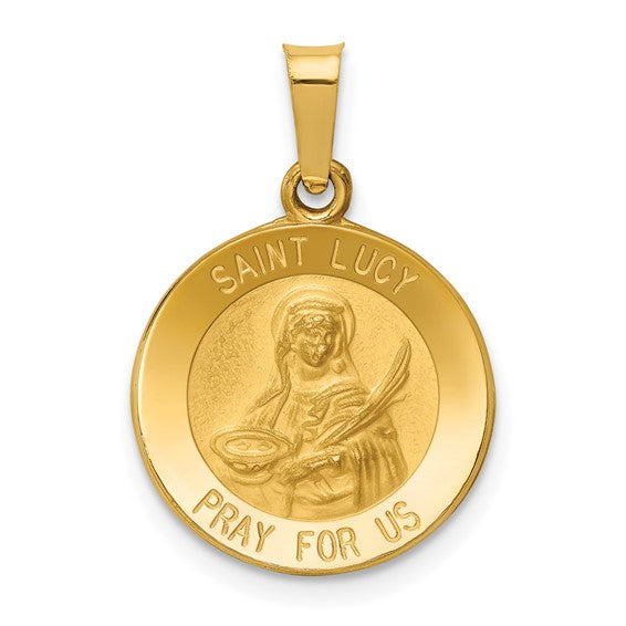 St Lucy Medal Hollow Pendant - 14K Yellow Gold