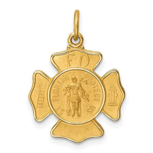 Polished & Satin Small St. Florian Fire Dept. Badge Medal - 14K Yellow Gold