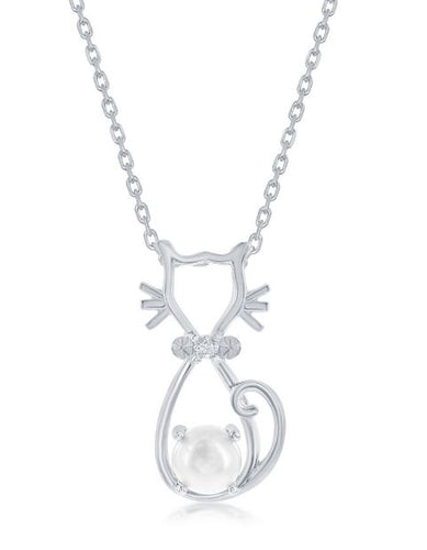 Pearl & CZ Cat Pendant - Sterling Silver