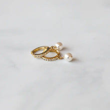 Load image into Gallery viewer, CZ Pearl Huggie Mini Hoop Earrings - Dainty Pearl Earrings