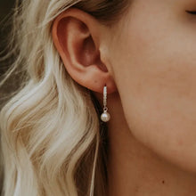 Load image into Gallery viewer, CZ Pearl Huggie Mini Hoop Earrings - Dainty Pearl Earrings