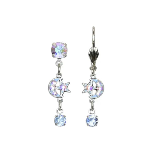 Aurora Celestial Moon and Star Crystal Drop Charm Earrings