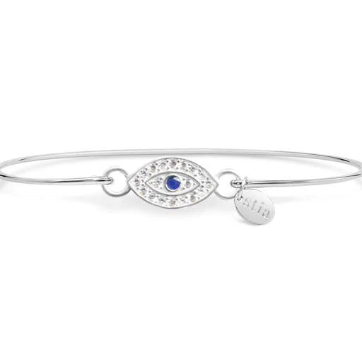 Evil Eye with Sapphire CZ Bangle Bracelet (Silver)