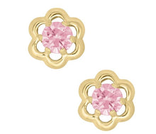 Load image into Gallery viewer, Pink CZ Flower Safety Back Stud Earrings - 14K Yellow Gold