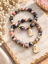 Load image into Gallery viewer, Ghost with Book on Black/Orange Agate Beaded Bracelet - Elena Michele