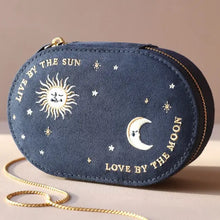 Load image into Gallery viewer, Sun and Moon Embroidered Oval Jewelry Case in Navy
