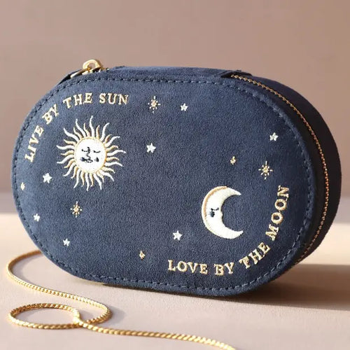 Sun and Moon Embroidered Oval Jewelry Case in Navy