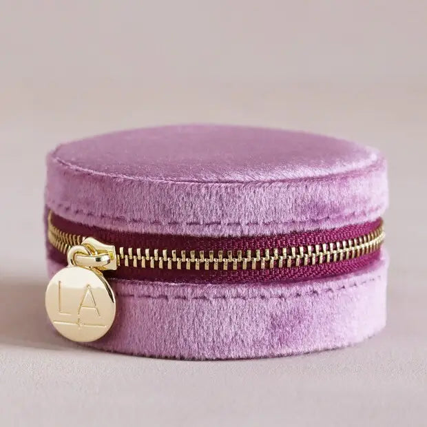 Mauve Pink Velvet Round Travel Jewelry Case