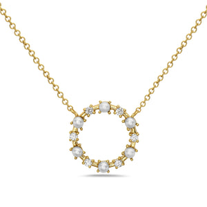 Circle Necklace with Pearls and Diamonds - 14K Yellow Gold