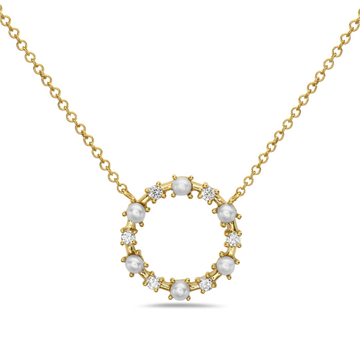 Circle Necklace with Pearls and Diamonds - 14K Yellow Gold