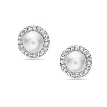 Load image into Gallery viewer, Pearl with Diamond Halo Stud Earrings - 14K White Gold