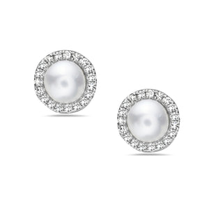 Pearl with Diamond Halo Stud Earrings - 14K White Gold