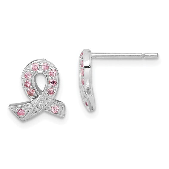 Pink CZ Ribbon Earrings - Sterling Silver