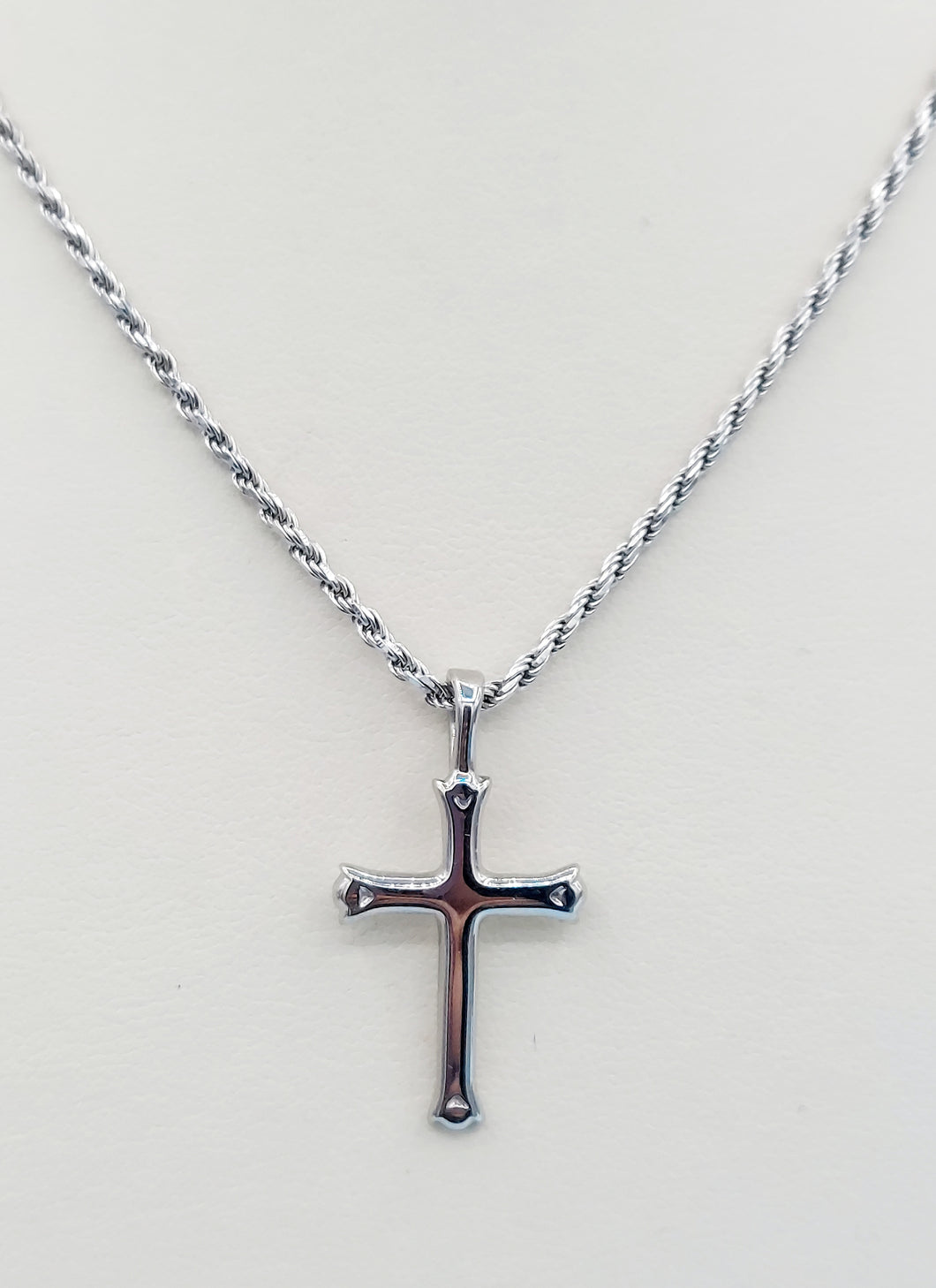 Polished Silver Cross on Rope Chain - Sterling Silver