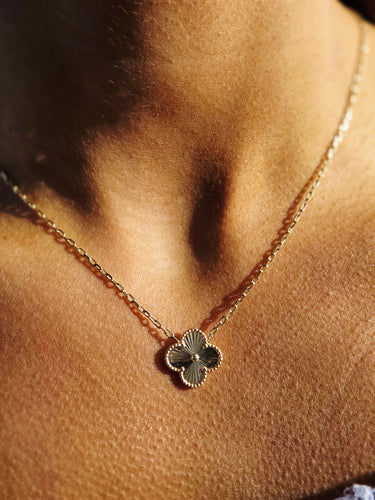 Fluted Clover Flower Necklace with Mother of Pearl Flower - 14K Yellow Gold
