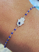 Load image into Gallery viewer, Hamsa Blue Beaded Bracelet - Gold Plated Sterling Silver