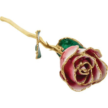 Load image into Gallery viewer, Lacquered Frozen White &amp; Red Rose with Gold Trim