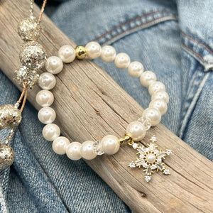 Pearl & Crystal Snowflake on Pearl Bracelet - Elena Michele & Marie's Exclusive