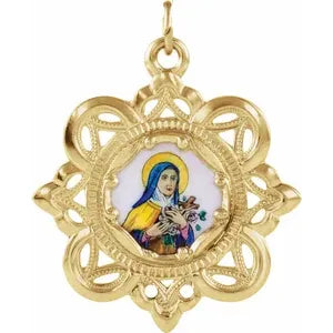 Enamel St. Theresa Medal - 10K White Gold